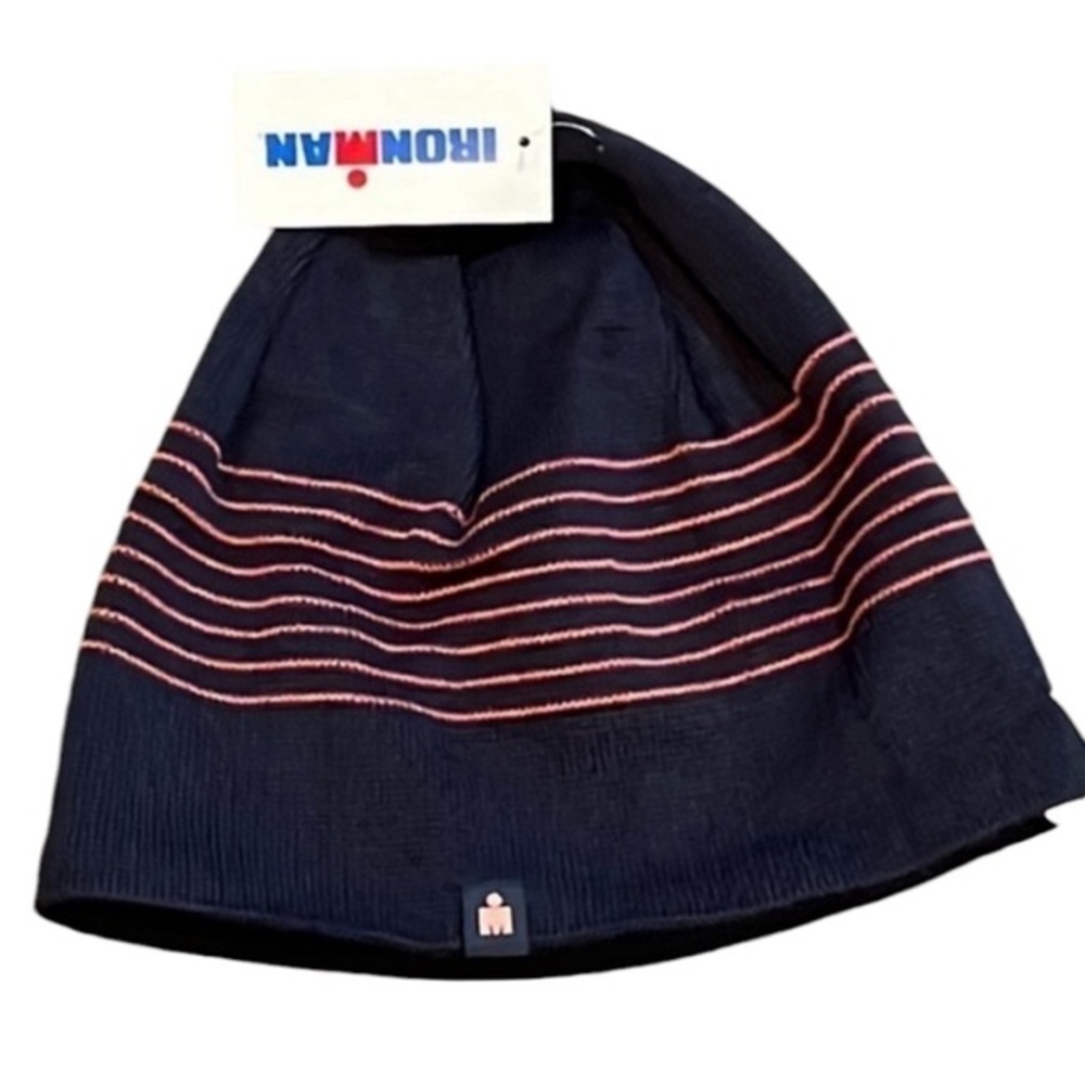 Ironman - ‘Striped Beanie’ with fleece sweat band. Navy/Pink. NWT
